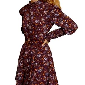 Nicholas Agadir floral wine belted midi mini shirt dress long sleeves Small